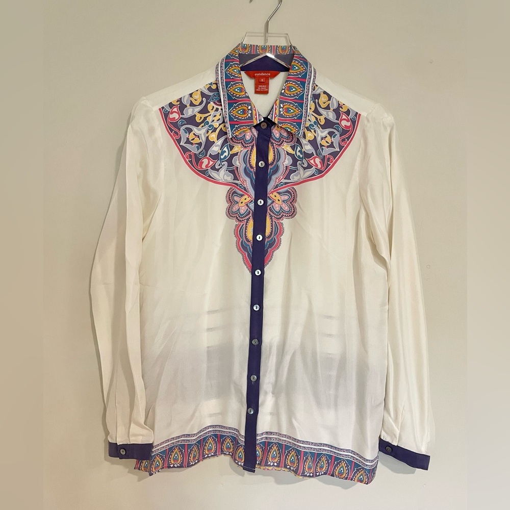 Sundance White Silk Shirt with Colorful Paisley Accents